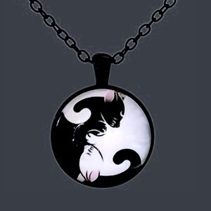 Yin Yang Kitty Cat Art Cabochon Black Rolo Chain Necklace